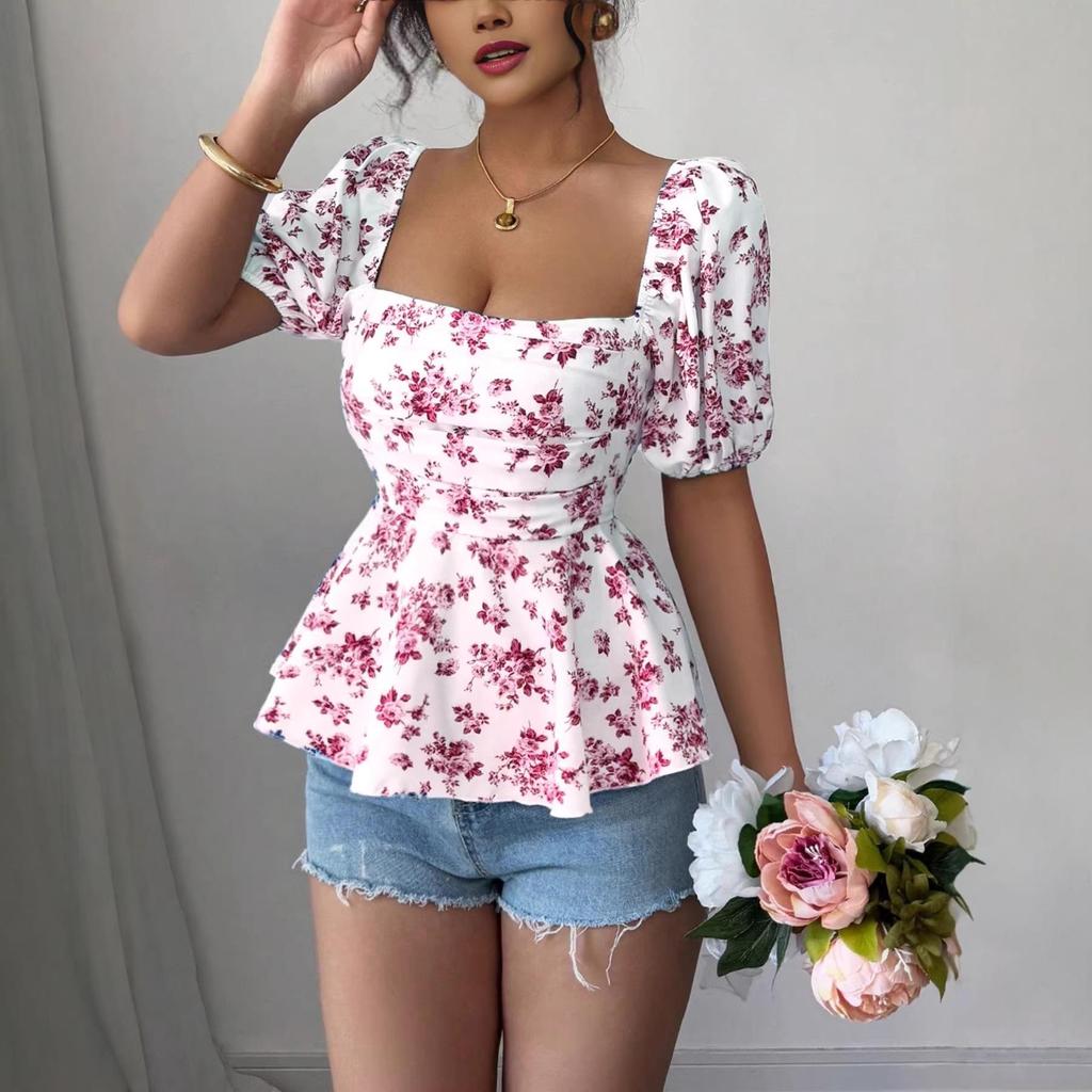 Элегантная летняя приталенная рубашка с квадратным вырезом и пышными рукавами