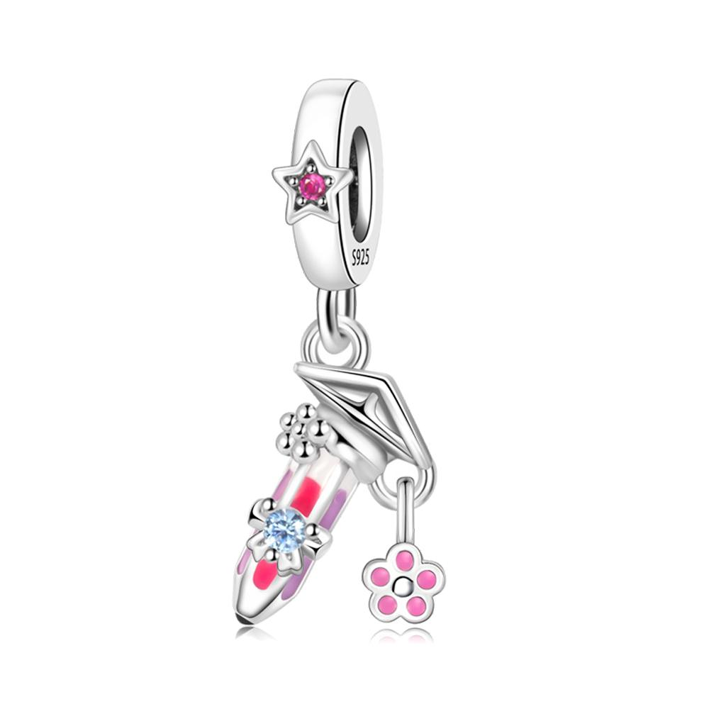 925 Silver Octopus Beads Snake Bracelet with Heart Dangle Charm Pink Pendant Gift for Her