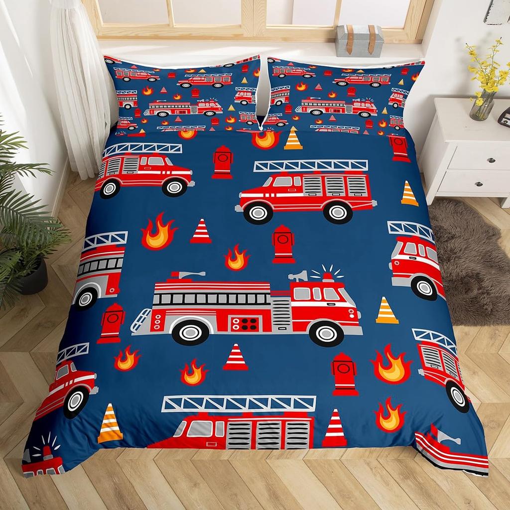 Fire Truck Bedding SetBurning Flames Duvet Cover for Kids Fire Engine Comforter Cover Red Truck Quilt Cover with 2 Pillowcases