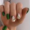 24pcs Press On Nails, Square Fake Nails Short French Tips Acrylic Nails Cute Exquisite Design Fresh Green Full Cover Glue