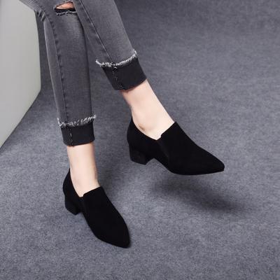 Черные туфли-лодочки женские 2025 весна новые первый слой овчины низкий верх острый носок квадратный каблук рабочая обувь профессиональная женская обувь