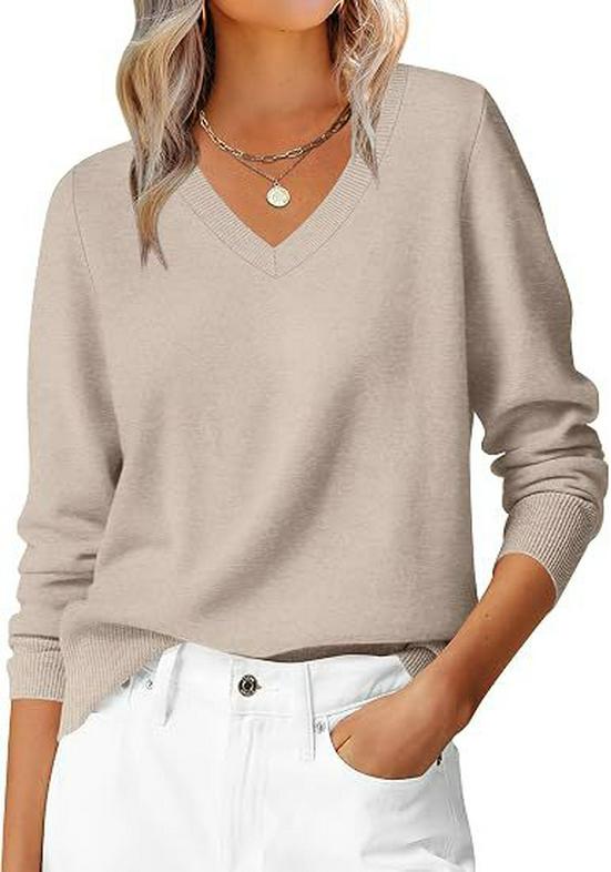 2026 European & American Autumn V-neck Loose Long Sleeve Solid Knit Women's Sweater - Commuting & Versatile