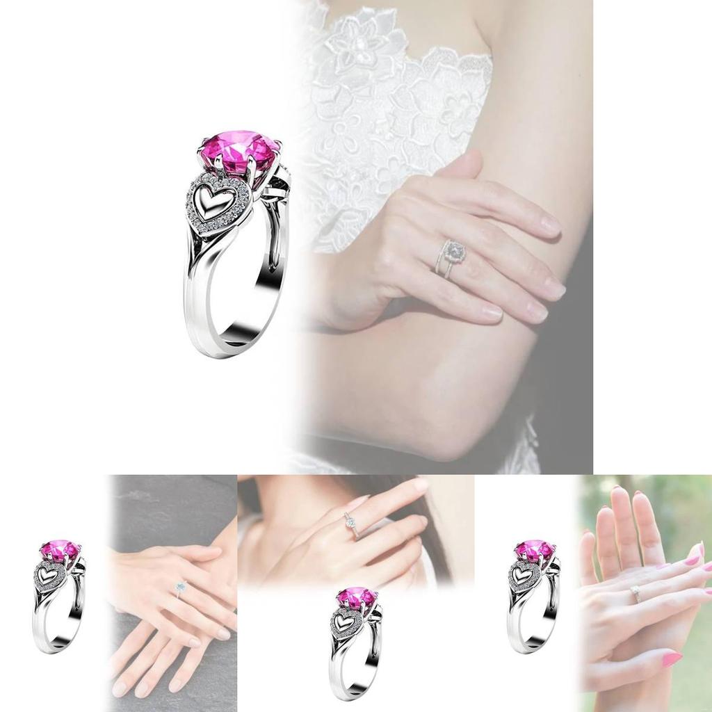 Fashionable Heart Shaped Pink Zircon Crystal Ring With Silver Plated Adjustable Band For Women