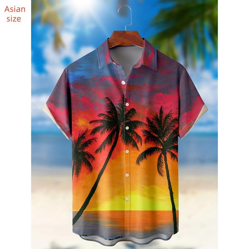 Мужская гавайская рубашка с принтом кокосовой пальмы, цветная блузка с рисунком заката, летние свободные топы с пуговицами и лацканами, пляжные рубашки Aloha