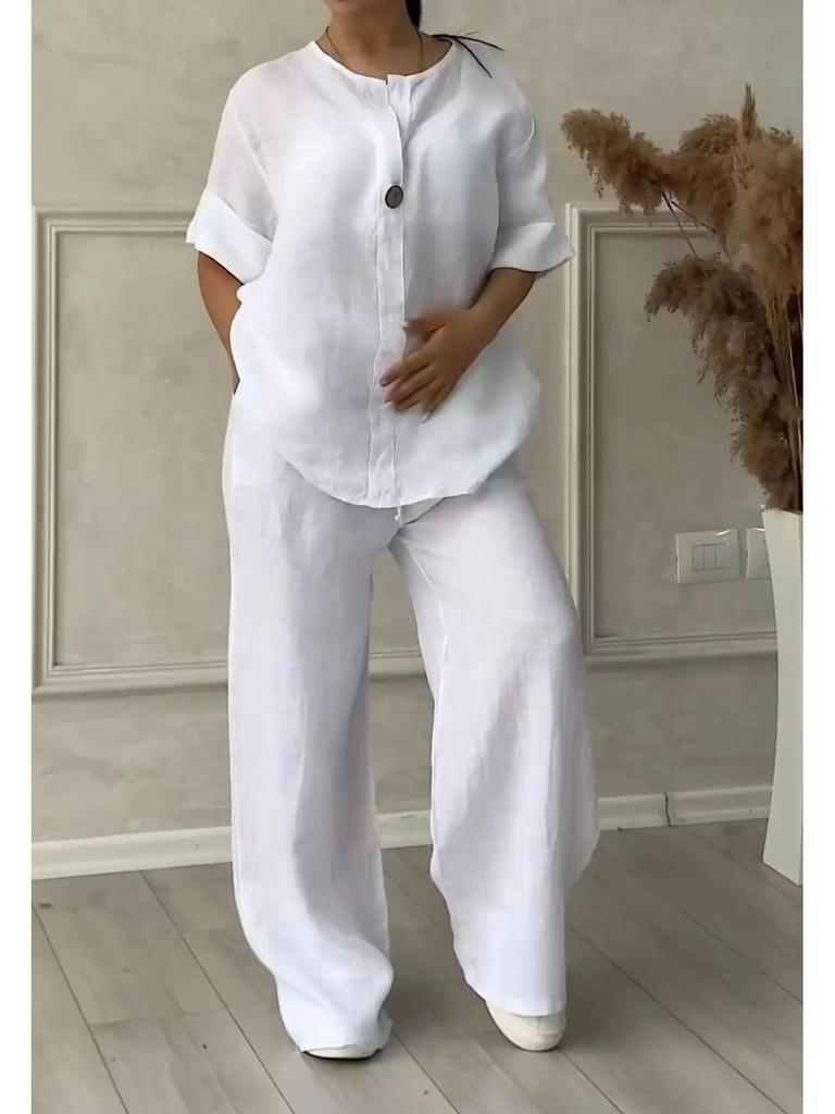 Летний женский комплект больших размеров из хлопка и льна: рубашка и длинные брюки с высокой талией