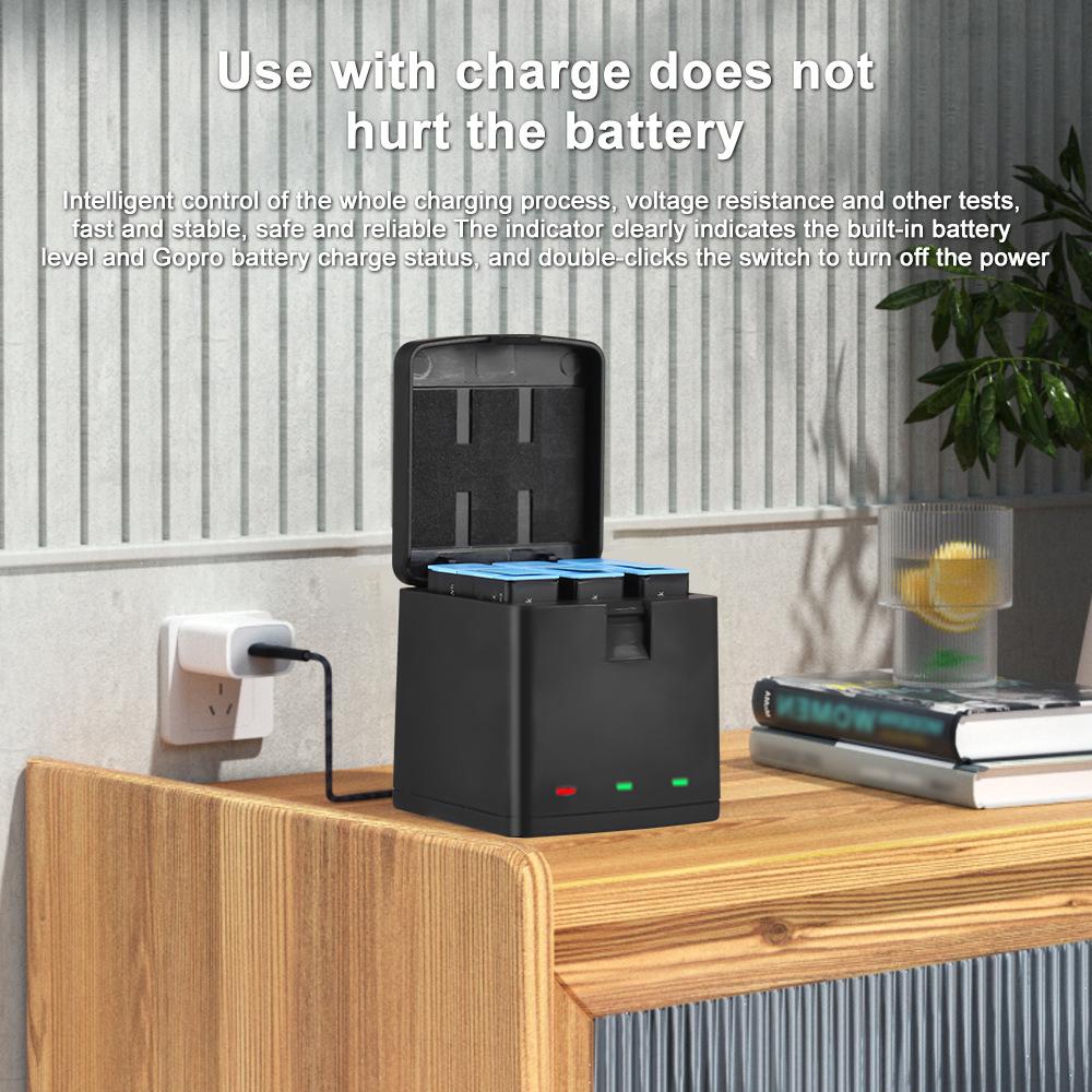 3 аккумулятора емкостью 1800 мАч + зарядное устройство на 3 аккумулятора с USB-портом, совместимое с GoPro Hero 12/11/10/9