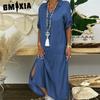 GMXIA Летнее джинсовое платье для женщин, повседневные весенние синие макси-платья с V-образным вырезом и рукавом до локтя, большие размеры, длинные платья с разрезом