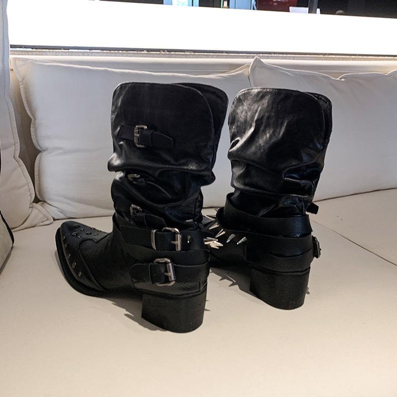 Pleated Short-thigh Boots Women's Autumn New Pointed Toe Studded Metal Buckle Sleeve Non-slip Block Heel Kitten Shoes