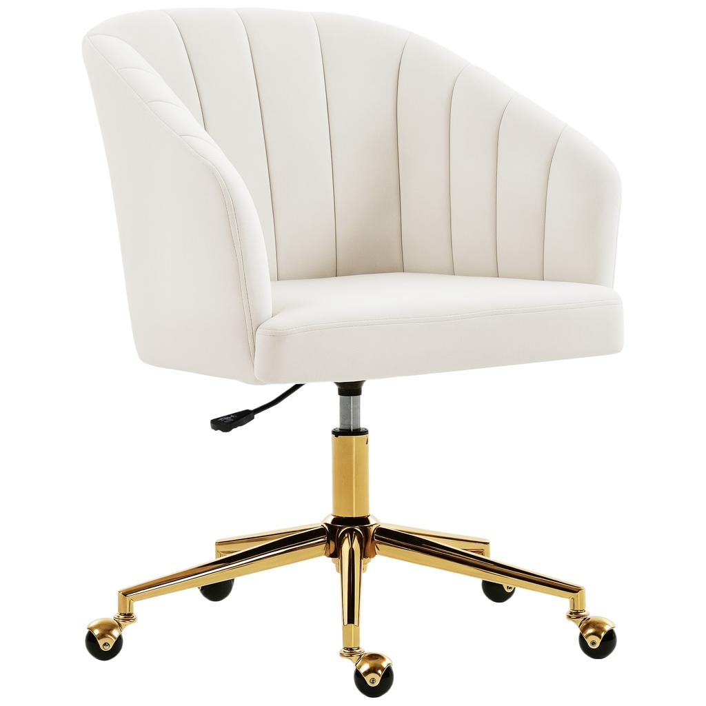 Office Chair in Velvet Look, Foam Padding, Height-Adjustable, Rollable, Steel Base, Cream White