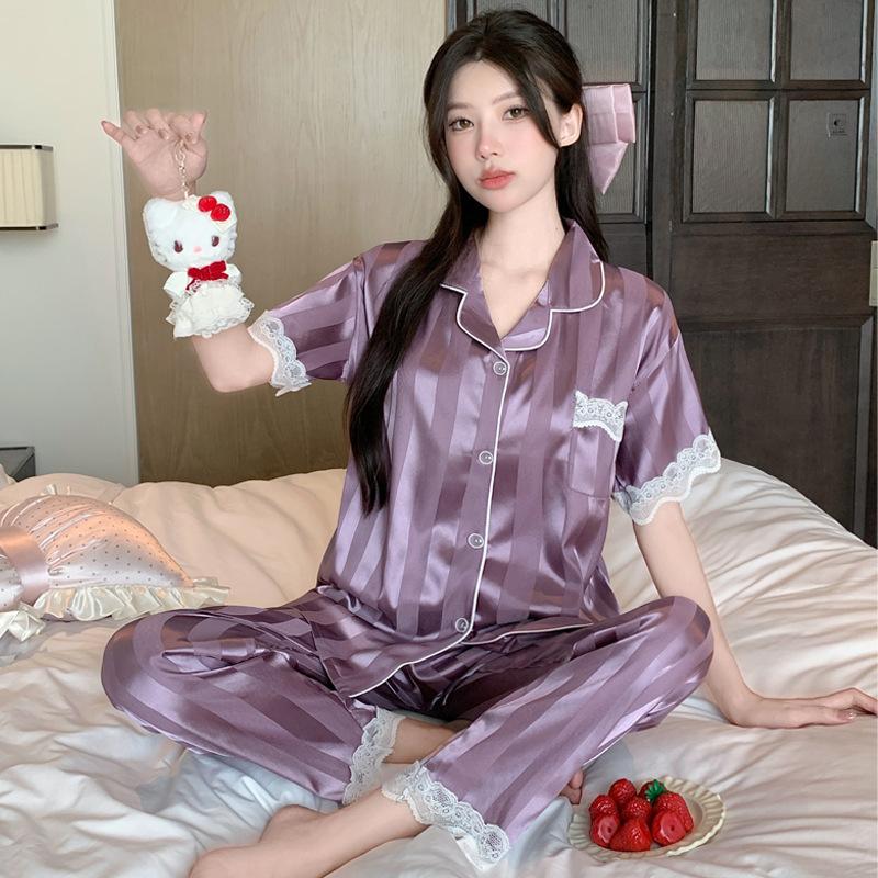 French retro leopard print fashion temperament ins ice silk satin pajamas women's loungewear short-sleeved trousers set