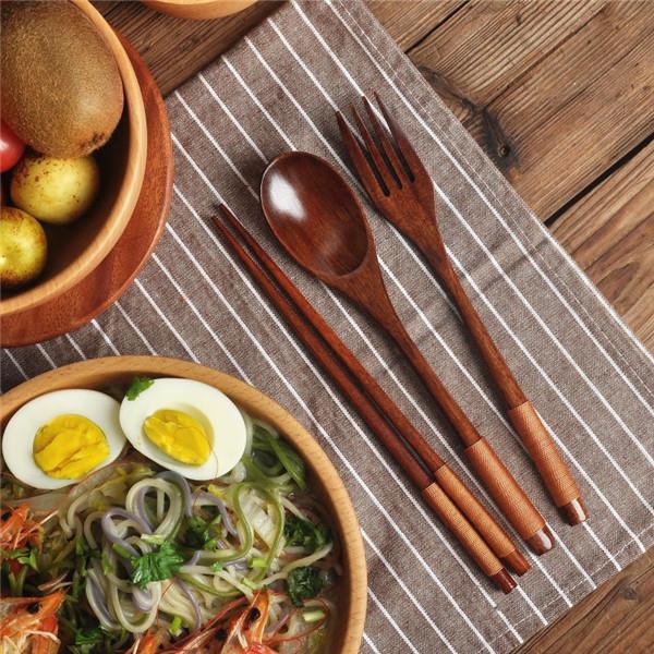 Korean Wooden Tableware Fork Spoon Chopsticks 3Pcs/Set Solid Wood Long Handle Spoon Chopsticks Portable Tableware