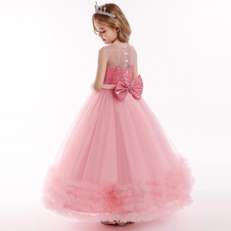 Girls Sequins Tulle Dress Sleeveless Bowknot Birthday Prom Princess Wedding Pageant Communion Party Long Ball Gown
