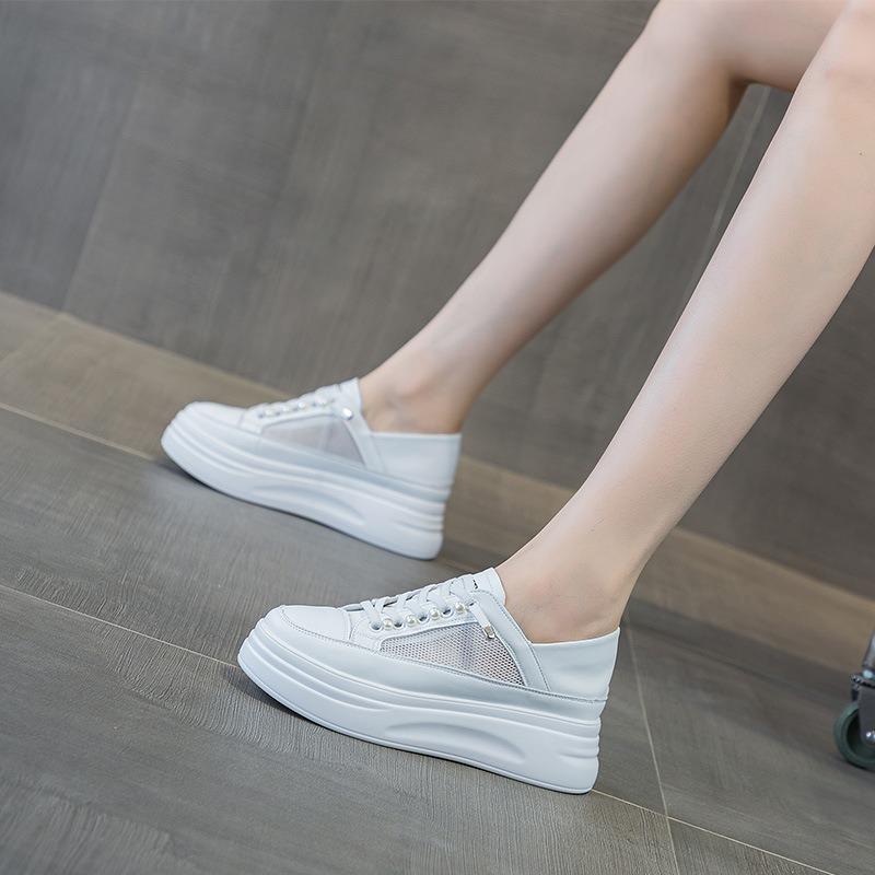 Two Wearing Little White Shoes Women's Spring and Summer New Mesh Breathable Lightweight Thick Sole Heightening Soft Leather Lace-up Casual Shoes