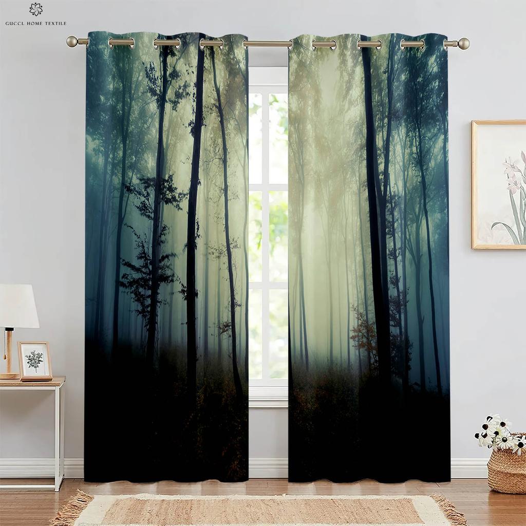 Шторы Misty Forest Green Autumn Woods с 3D-печатью, подходят для спальни, гостиной, кабинета, кухни, 2 шт.