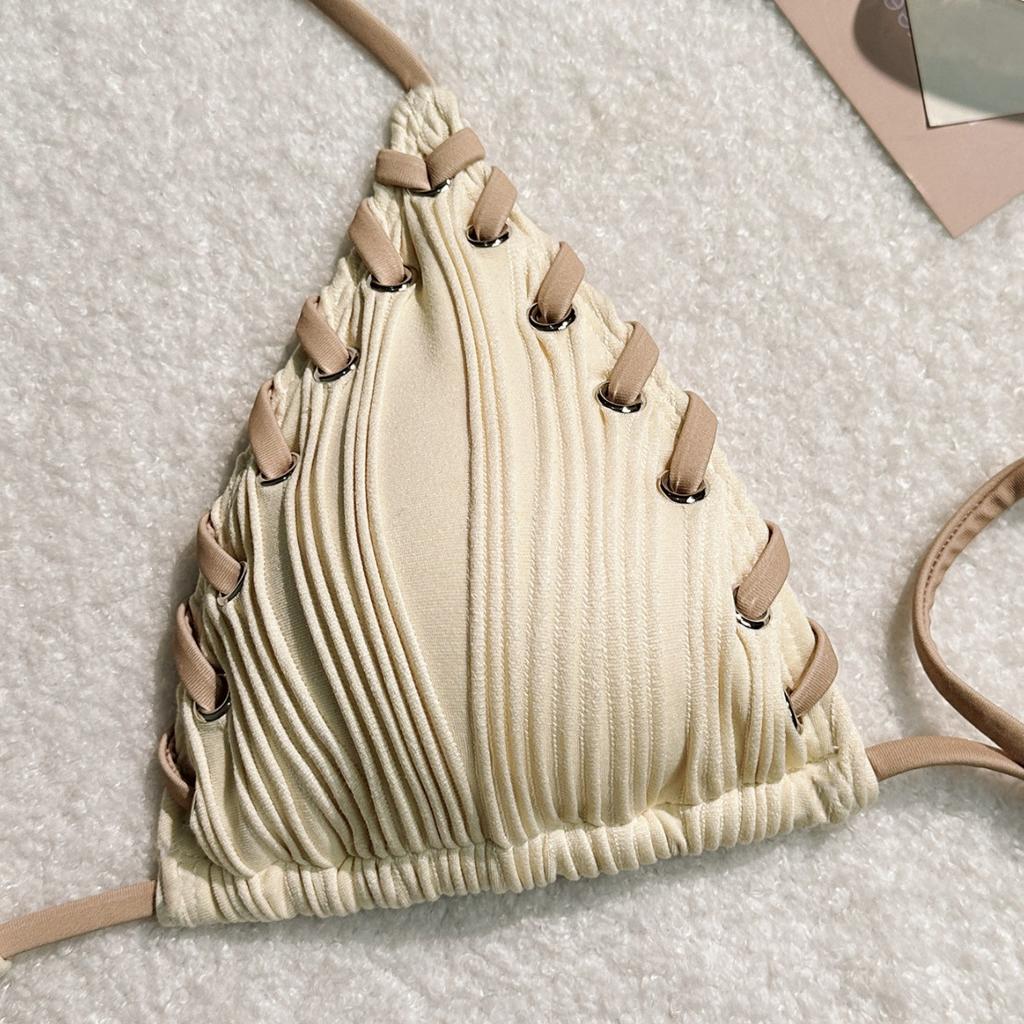 Sexy Triangle Bikini Set New Solid Color Textured Ribbed Halter Lace Up Tie Side Summer Beach Vacation Ins Fashion Swimwear