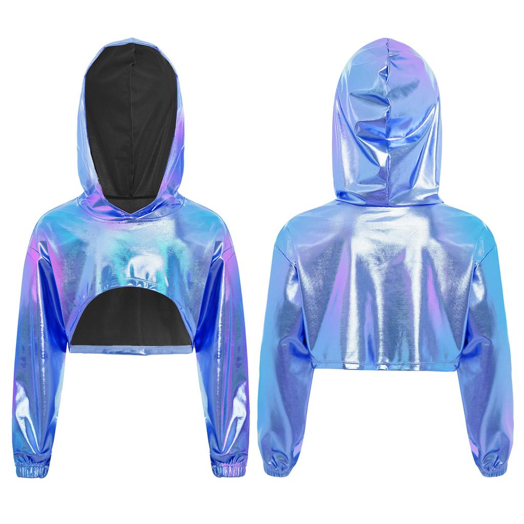 Худи для девочек в уличном стиле для танцев: Блестящий металлический укороченный топ с асимметричным подолом и длинными рукавами для соревнований