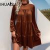 IHUASU Women's Long Sleeve Dress New Solid Colour Velvet Temperament Elegant Dresses