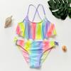 Girls' Tie-dye Printed Bikini Suit With Ruffled Frills Children's Split Swimsuit