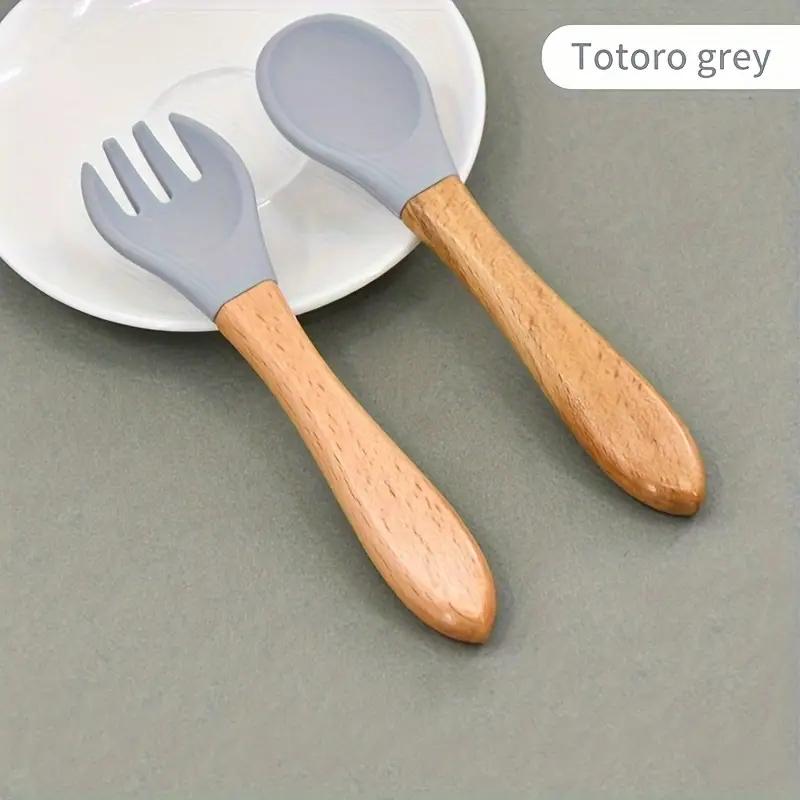 Силиконовая вилка и ложка с деревянной ручкой, набор вилок и ложек для кормления, отличный подарок на Рождество, Хэллоуин, День благодарения, Новый год