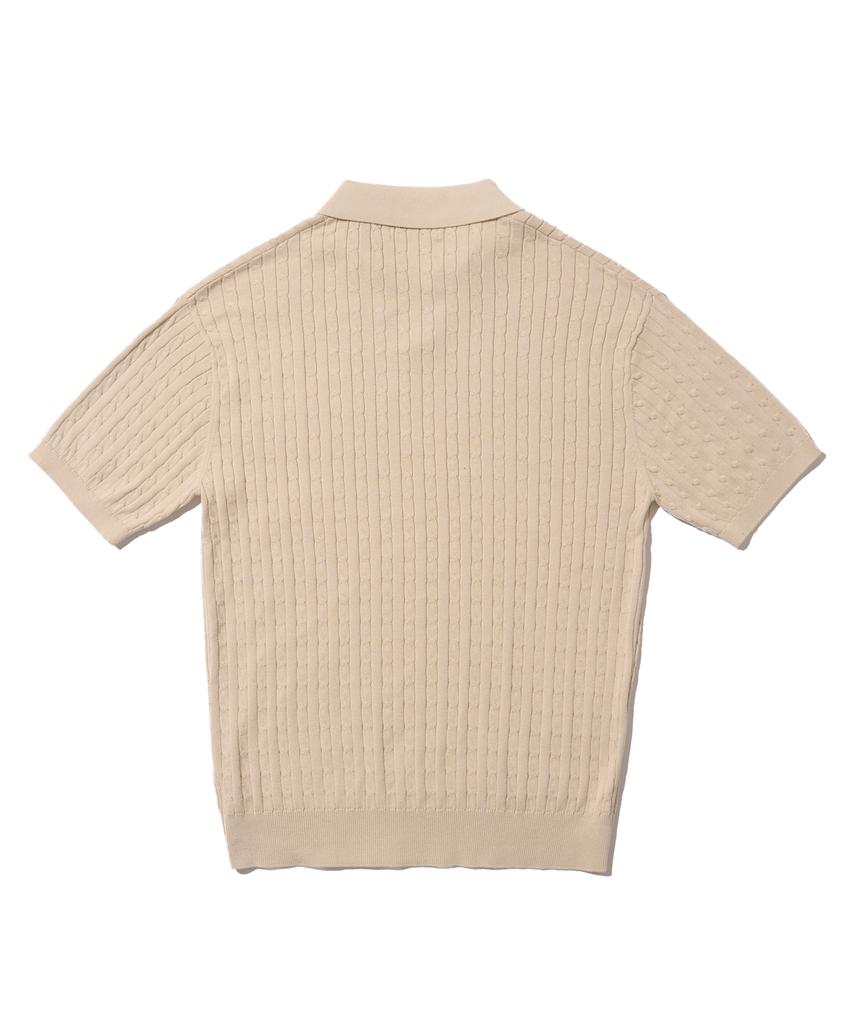 ANALOG MOOD Cable Open Collar Short Sleeve Knit (Beige)