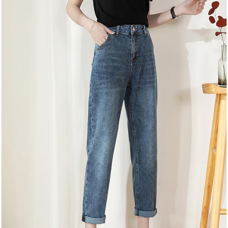 Женские весенне-осенние повседневные брюки большого размера с высокой талией, свободные прямые джинсы, джинсовые укороченные брюки