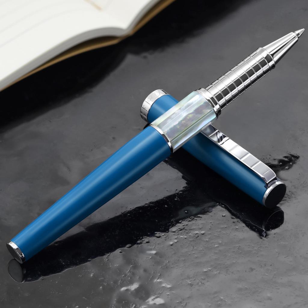 Xezo Speed Master rollerball Matte lapis lazuli blue with white Lightweight brass pen. mother-of-pearl accents. Chrome-plated. body.