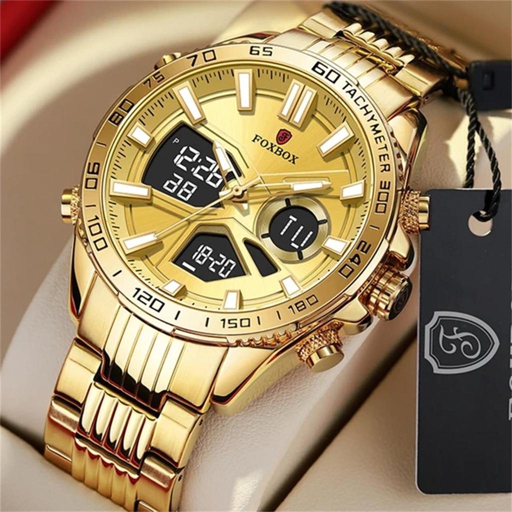 FOXBOX Sport Watches for Men Top Brand Luxury Dual Display Stainless Steel Band Waterproof Luminous Quartz Wristwatch+Box