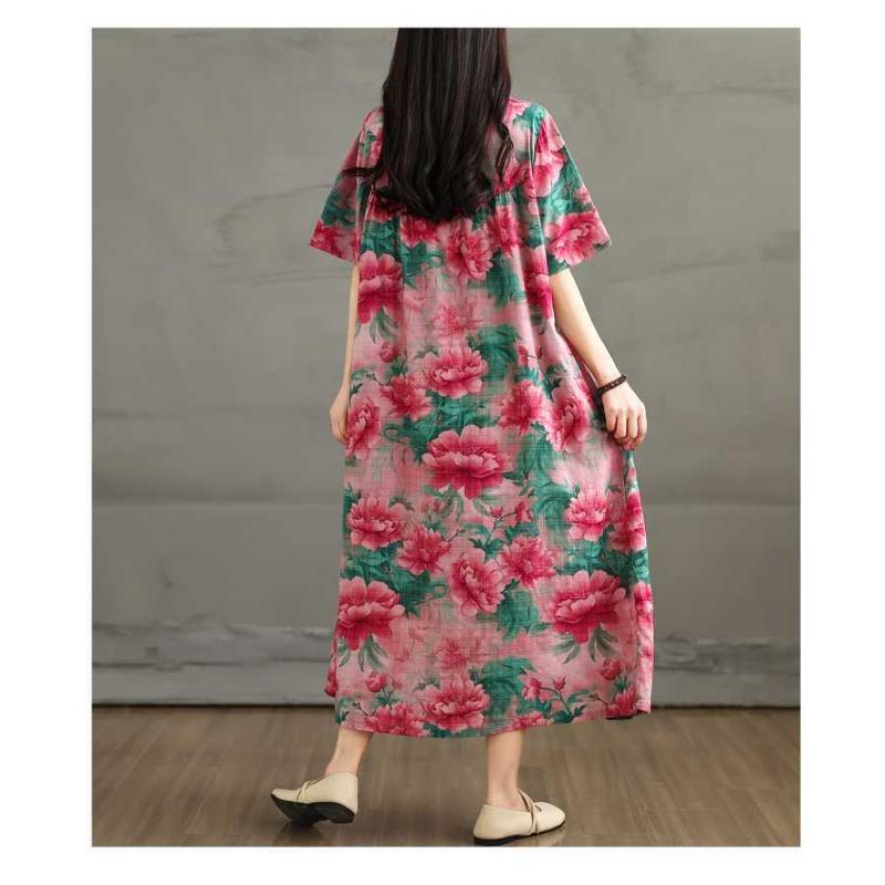 Retro Cotton and Linen Round Neck Short Sleeved Dress, Women's Loose Skirt