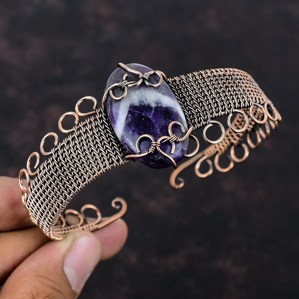 Chevron Amethyst Gemstone Cuff Bracelet Copper Wire Wrapped Bangle Adjustable Cuff Bracelet Copper Wire Jewelry Gift For Mom Handmade Bangle