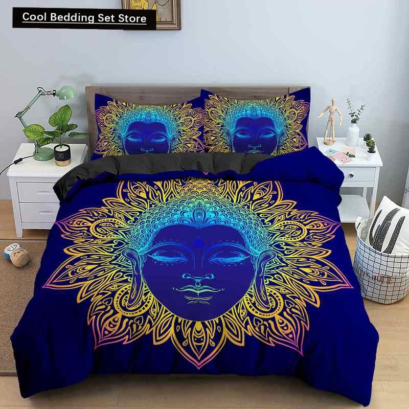 Комплект постельного белья Будда Индийская религия Буддизм Медитация Мандала Пододеяльник Улыбка Будды Цветочный мягкий пододеяльник Queen King Size