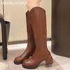 Winter Women High Boots Leather Mid Heels Shoes Knee High Chunky Motorcycle Boots 2024 Trend New Fashion Pumps Botas De Mujer