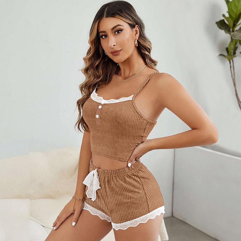 Women's Europe and United Sexy Lace Pajamas Set Sling Crop Top Elastic Drawstring Shorts 2 Pcs Pyjamas Summer Texture Breathable Soft Solid Home Dress