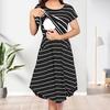 Summer Mother Breastfeeding Dress Openable Front Striped Round Neck Irregular Hem Short Sleeve Pregnant Women Nightdress Midi Dress