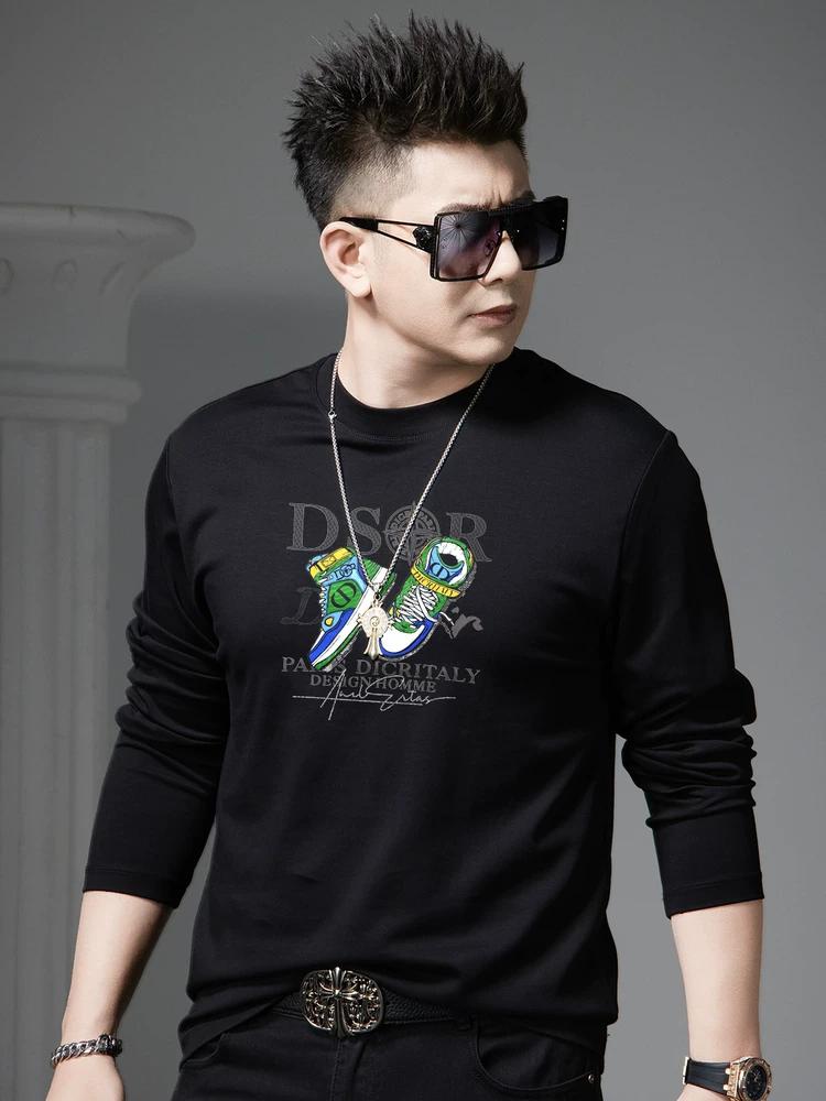 European Style Trendy Letter Print Long-Sleeve T-Shirt for Men 2025 Autumn New Round Neck Casual Top Men's T-Shirt
