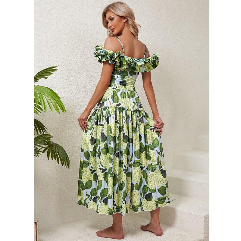 2024 Новое сексуальное бикини с рюшами в стиле ретро и высокой талией с принтом, модное с открытыми плечами, с принтом гортензии, с рюшами, цельный купальник и юбка, пляжный роскошный зеленый цвет