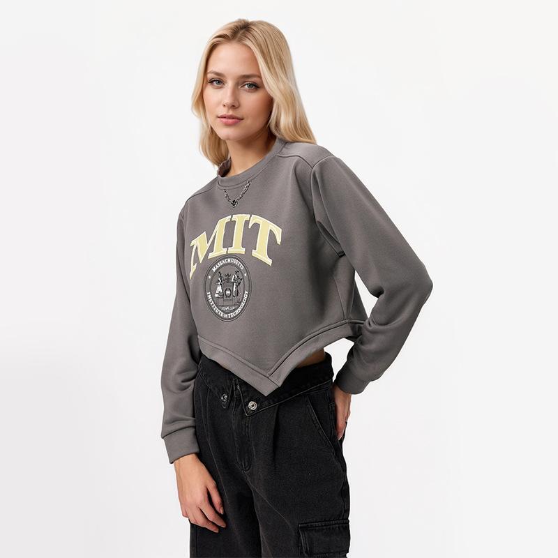 Женская свободная принтованная короткая женская толстовка с длинным рукавом и неровным подолом