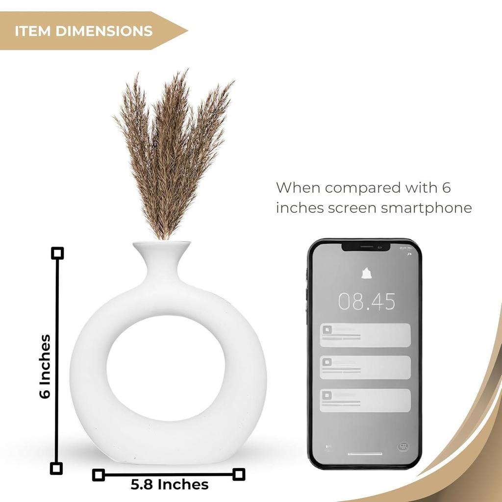 Новая керамическая ваза «Белый тонкий пончик» 6 дюймов — набор из 1 шт. | Декоративная круглая ваза для сухоцветов и пампасной травы | Вазы для домашнего декора,