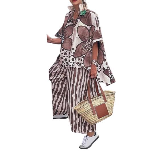 Women's Floral Print Loose Two-Piece Set Lapel Short Sleeve Top Wide Leg Pants Set Summer Casual Boho Streetwear
