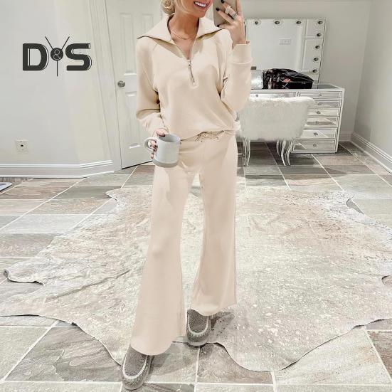 2 Pcs/Set Fall Winter Coat Trouser Suit Lapel Solid Color Thick Loose Solid Color Zipper Decor Long Sleeve Wide Leg Drawstring Elastic Waist Lady