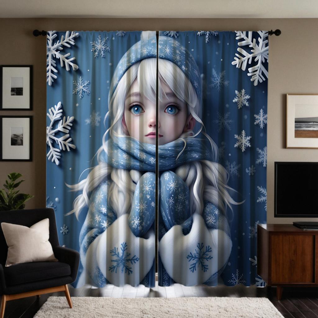 2 шт. HD Frozen Girl Декоративная занавеска Синяя галстук цифровая печатная занавеска Украшение дома Стиль Украшение гостиной спальни