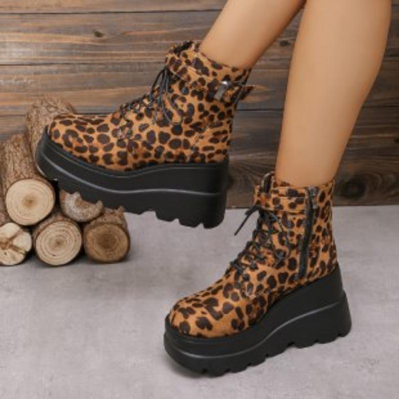 2024 Женская обувь Большие размеры Женские ботильоны на высоком каблуке Современные ботинки Женские леопардовые туфли с боковой молнией спереди на шнуровке на танкетке Женские туфли
