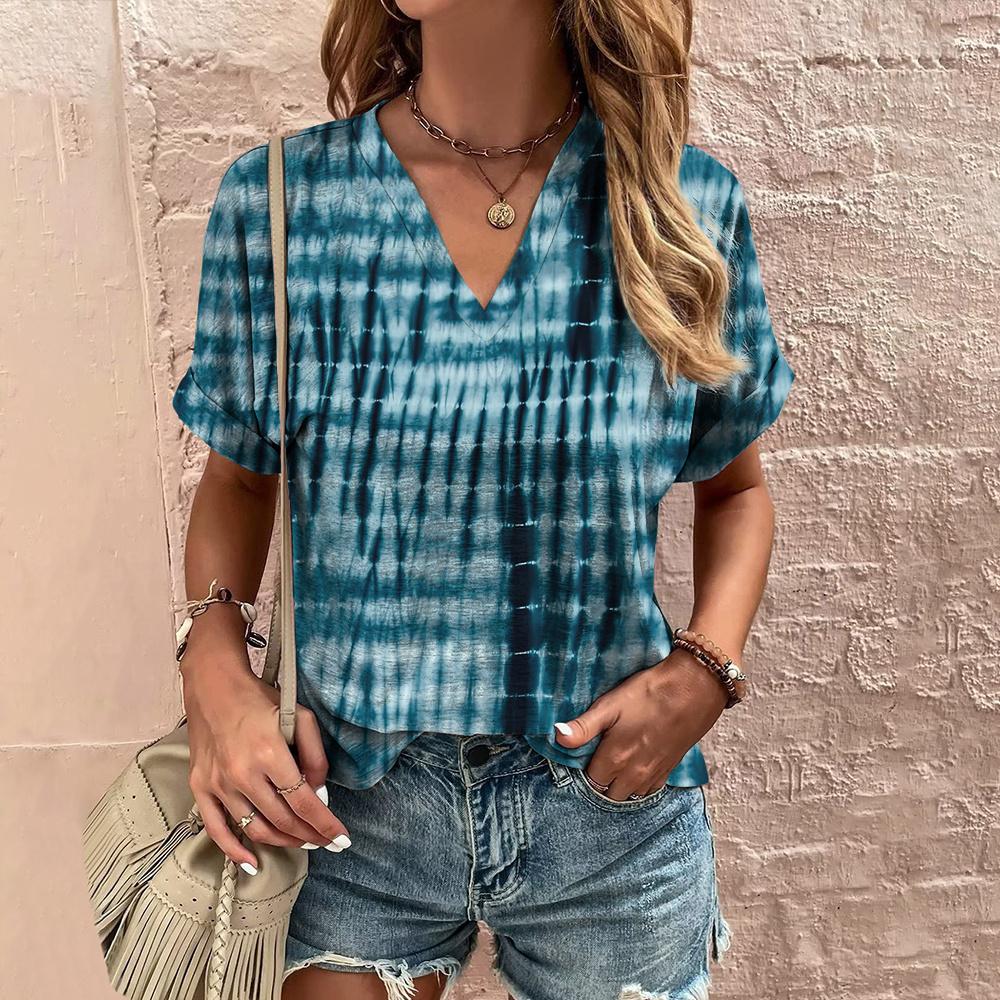 Летняя женская футболка с полосатым принтом, футболка в стиле тай-дай с коротким рукавом, женская одежда, V-образный вырез, свободная блузка, женские футболки