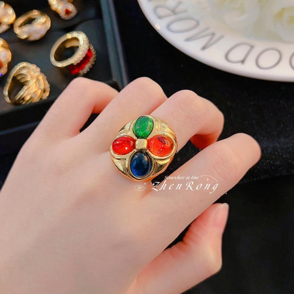 Vintage Open Ring French Retro Gold Plated Micro Pave Full Diamond Antique Jewelry Colorful Gemstone Ring