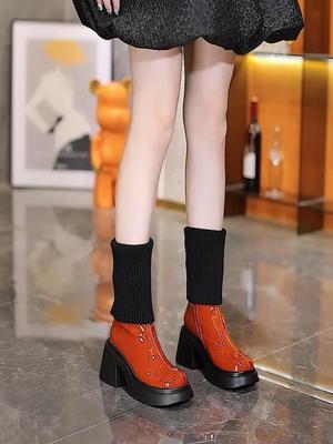 Модные элегантные эластичные женские туфли на каблуке средней длины с круглым носком и высоким каблуком на платформе, женские полусапожки Y2k, обувь для косплея, весна-осень