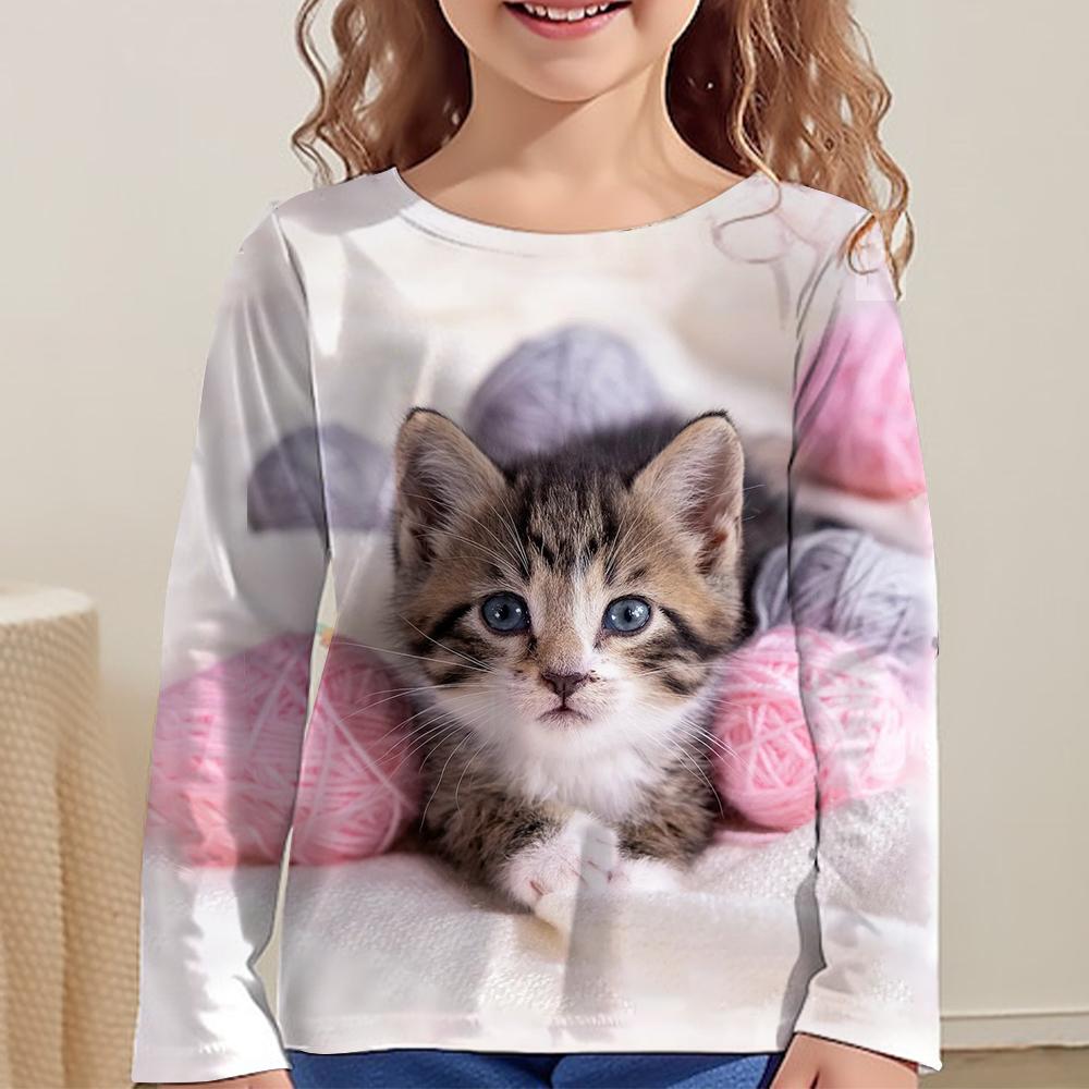 Одежда для девочек Футболка с котами Футболки с длинным рукавом Футболки с девчачьим принтом Топы Детская одежда Модная принтовая летняя одежда для девочек