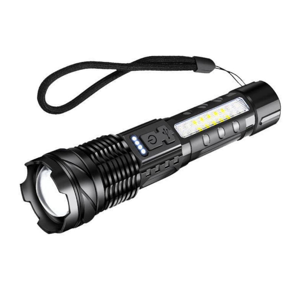 White Telescopic Zoom Strong Light Flashlight For Home And Outdoor Long-range Red And Blue Side Lights LED Flashlight