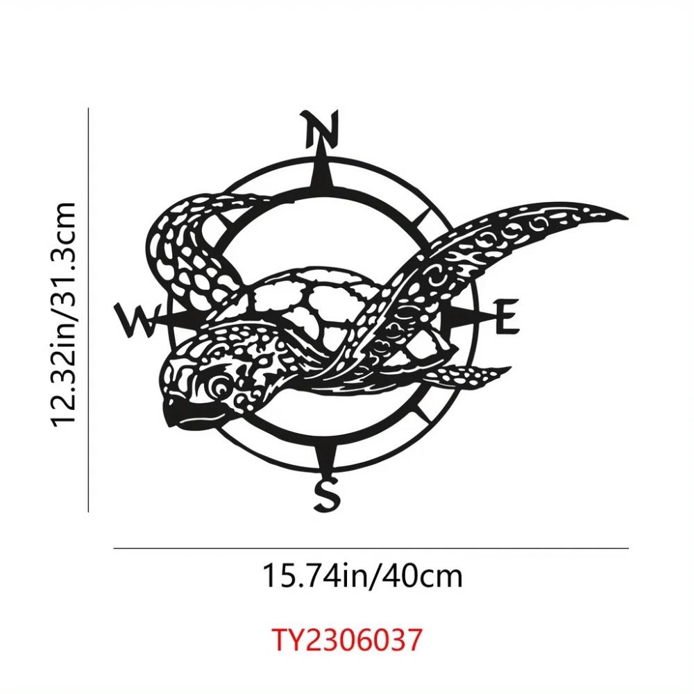 Black Metal Sea Turtle Compass Wall Sign Ideal Beach Home Decor for Kitchen, Garden; Great Housewarming Gift