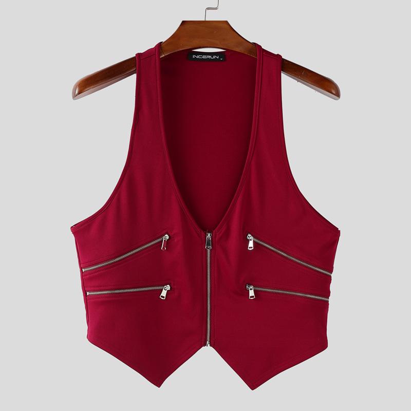 INCERUN Мужские топы-майки без рукавов с глубоким V-образным вырезом на молнии, асимметричные, повседневные