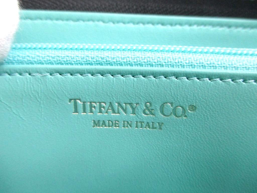 Подлинная Tiffany & Co.. Кошелек на молнии, круглый, из черной кожи, с металлической пластиной-логотипом #a871 Восстановленный