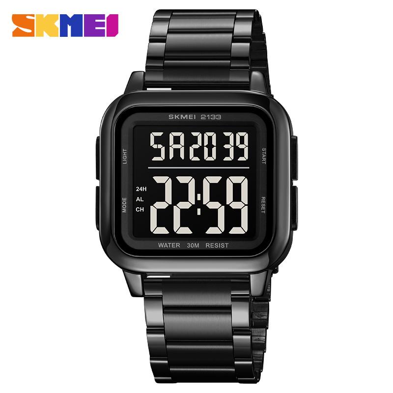 SKMEI 2133 Square Large Digital Dial Watch Men's Luxury Stainless Steel Lightweight Sports Watch Men's 3Bar Waterproof